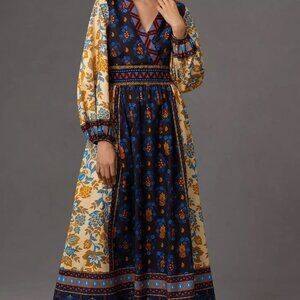 Anthropologie Blue and Yellow Floral Long Sleeve Dress